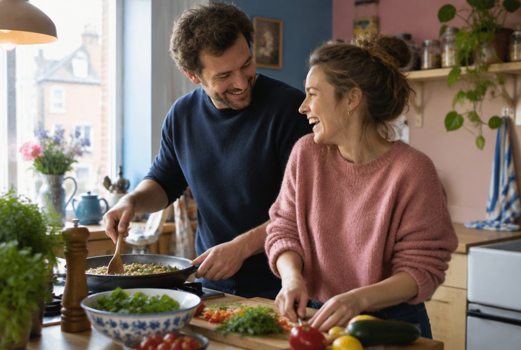 Een koppel lacht samen terwijl ze koken