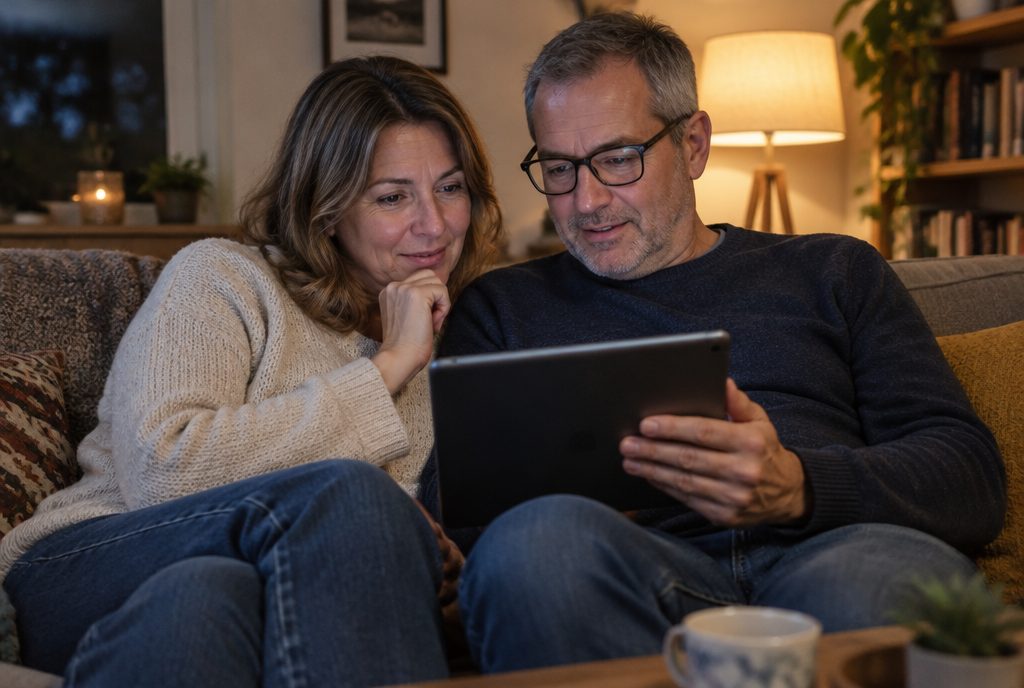 Een koppel bekijkt samen een les op de tablet